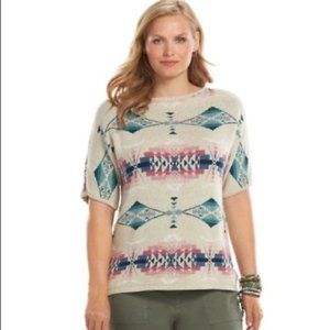 Chaps denim tribal dolman sleeve short crew neck knit Aztec sweater linen